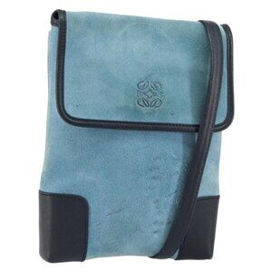 Authentic LOEWE Anagram Shoulder Bag Suede Leather Light Blue Navy